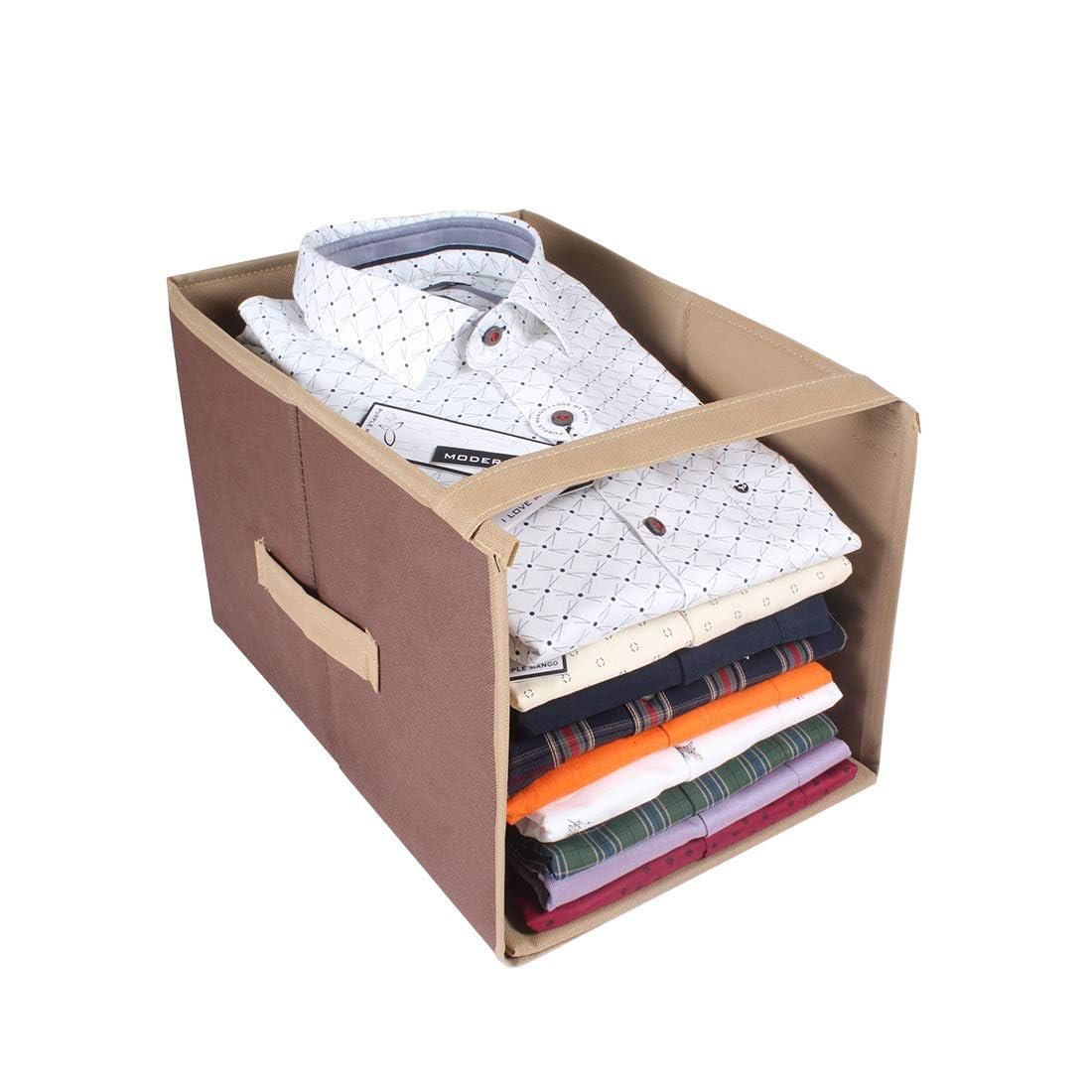 PrettyKrafts 1 Pc Non Woven Shirt Stacker/Cloth Organizer for Storage/Closet & Wardrobe Organizer for Storage/Foldable Shirt Organizer Cloth Storage Box (Brown & Beige, 25x38x25 cm)