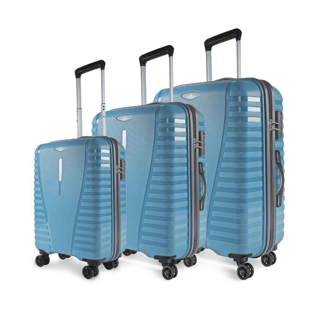 Aristocrat Airpro Set of 3 Large Size (Check-in), Medium Size (Check-in) & Cabin (Small Size) Hard Case Trolley Bags, 8 Wheels, Polypropylene Case, Unisex, 3-Yr Global Warranty, Coral Teal Blue | 8-Wheels, Polypropylene Case, Spacious, Combination Lock, Sturdy Zipper, Lightweight Travel Luggage, 3-Year Global Warranty