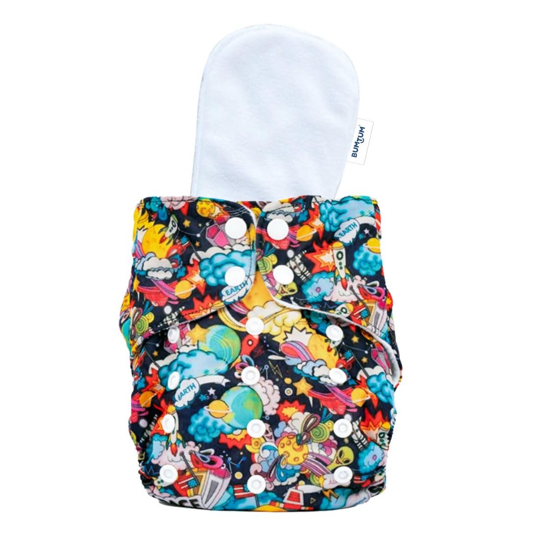Bumtum Baby Diaper | 0-3 Yrs Baby Freesize | Pack of 1, New Born Baby Diaper, Cloth Diaper, Waterproof Reusable Diaper, 5hrs Absorbency, Ultrahygiene, Washable, Cotton Soaker, Extra Soft (Spaceship)
