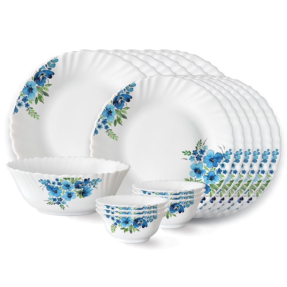 Larah by Borosil Pansy Fluted Series Opalware Dinner Set | 19 Pieces for Family of 6 | Microwave & Dishwasher Safe | Bone-Ash Free | Crockery Set for Dining & Gifting | Plates & Bowls | White