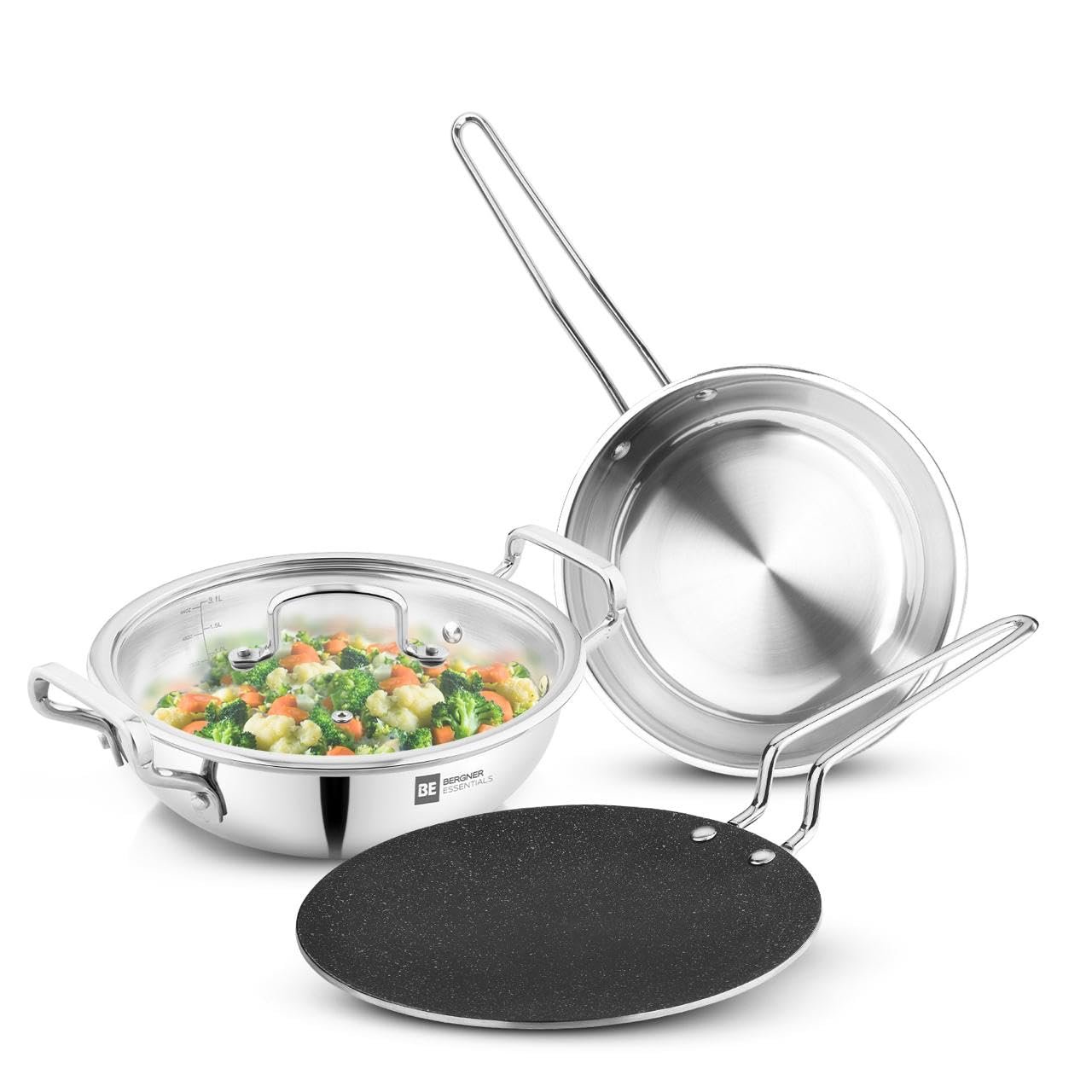 Bergner BE Essentials TriPly 4 Pcs Stainless Steel Cookware Set - 24cm (3.1L) Kadai, 24cm (1.5L) Frypan, Common Flat Glass Lid, 26cm Non-Stick Roti Tawa, Less Oil Use - Induction and Gas Stove Ready