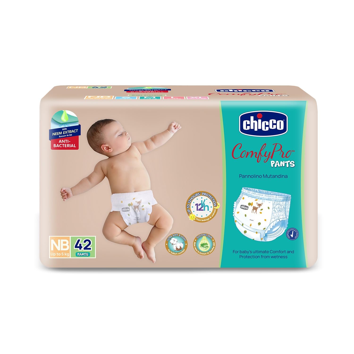Chicco Comfy-Pro Pant Style Baby Diapers | Anti-bacterial benefits | Ultra Soft & 12hrs protection | Wetness indicator & Disposing Tapes - New Born, 42 Count, Upto 5kg