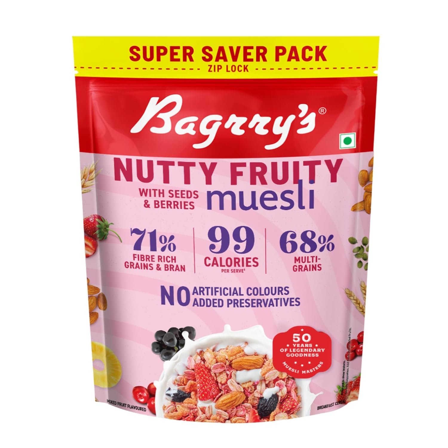 Bagrry's Nutty Fruity Muesli with Seeds & Berries 1kg | 71% Fibre rich Grains & Bran | 99 Calories per serve | Rich in Fibre & Protein | No Added Preservatives or Artificial Colours | 68% Multigrain Breakfast Cereal | No Palm Oil