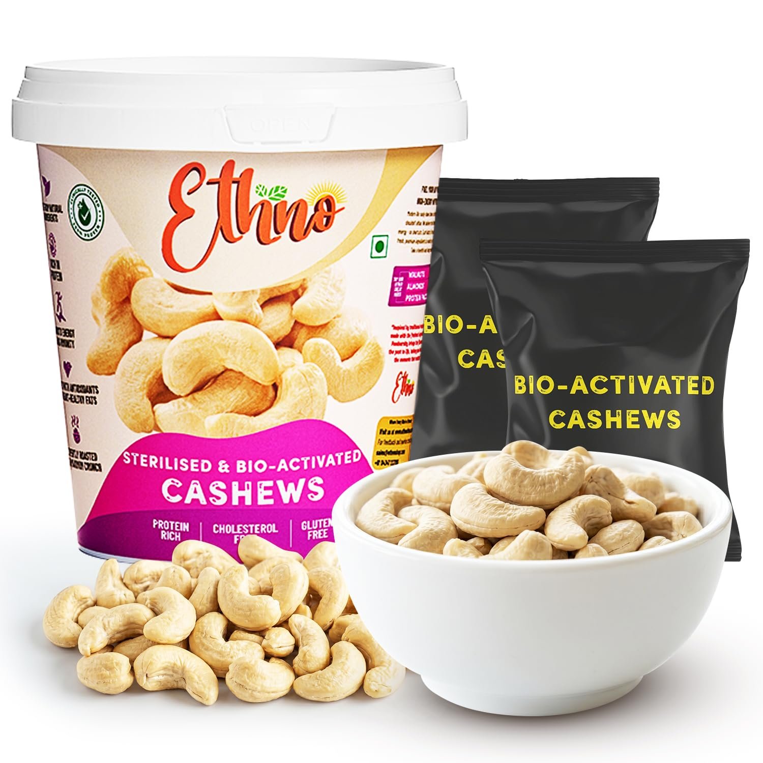 Ethno Bio-Activated Jumbo Cashews (7-Pack) - Premium Roasted & Sterilised Cashews - Fresh Kaju Dry Fruits - No Added Sugar, Oil-Free, Heart-Healthy Clean Energy Snack for Adults (210g