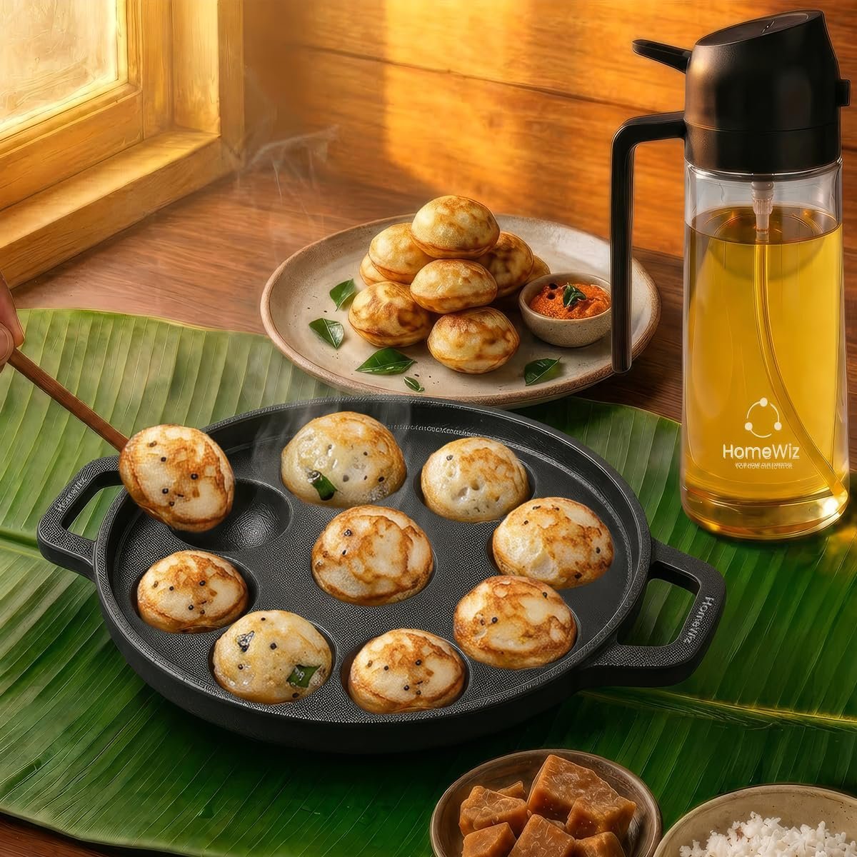 HomeWiz Cast Iron Appe Pan 9 Cavity 22 cm | Free Oil Dispenser 500ml | Pre-Seasoned Appe Maker for Appam, Paniyaram & Appe | Non Stick Appam Pan | Naturally Non-Stick | Works On Induction & Gas