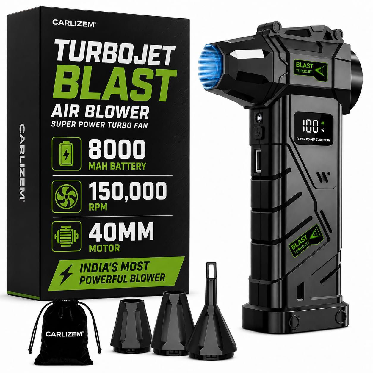 Carlizem® 2026 TurboJet Blast 150000 RPM India's Most Powerful Air Duster 8000 Mah Cordless Air Blower for Dust Cleaning, Car, PC, Home | Brushless Motor Type-C Rechargeable Mini Portable
