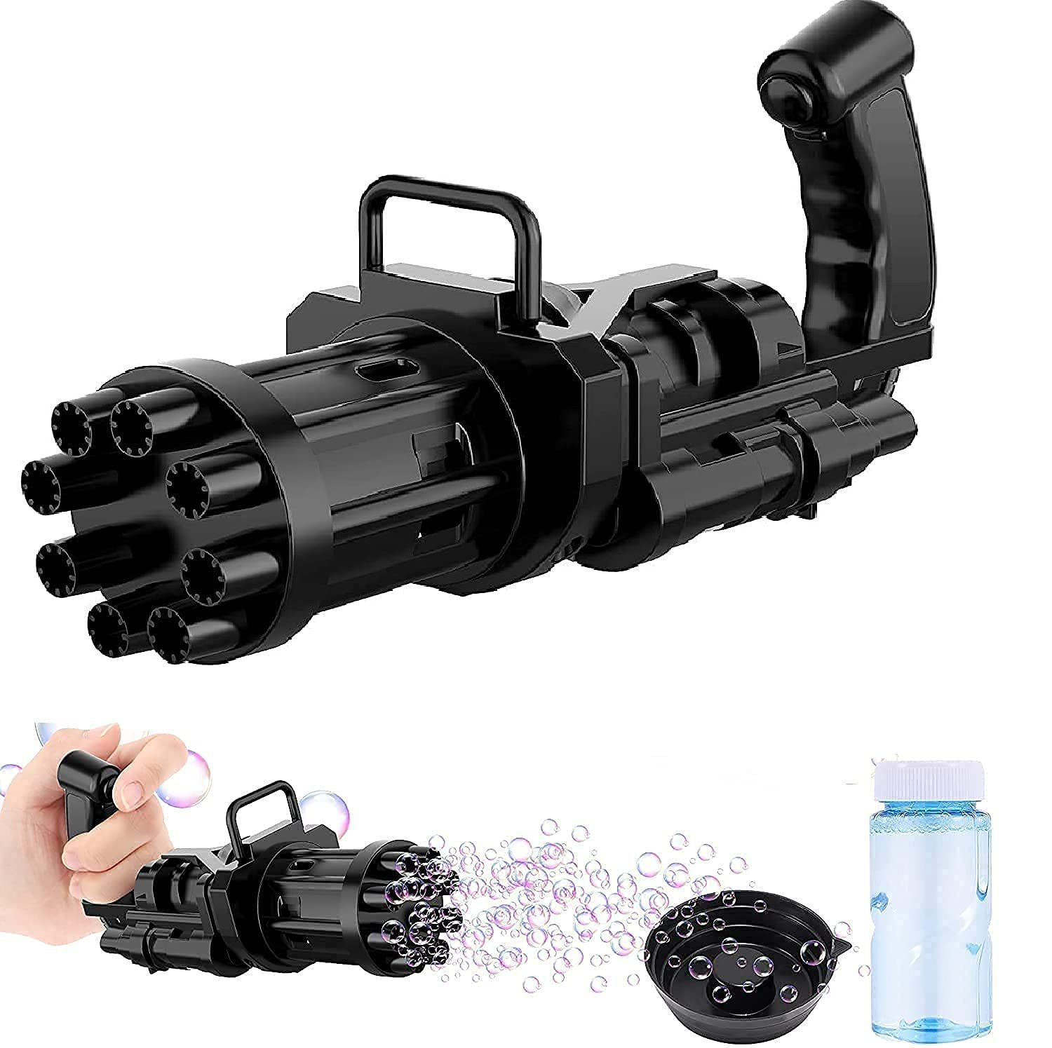 Automatic Bubble Gatling Gun | High-Output Multi-Nozzle Bubble Machine with Easy Grip Handle, Bubble Tray & Solution Bottle | Outdoor Fun Toy for Kids