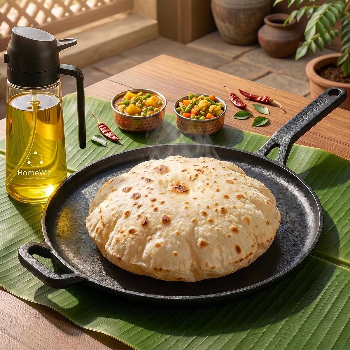 HomeWiz Cast Iron Roti Tawa 28 cm | Free Oil Dispenser 500ml | Pre-Seasoned Iron Tawa with Long Handle for Roti, Chapati, Chillas & Paratha | Naturally Non-Stick | Induction & Gas Compatible