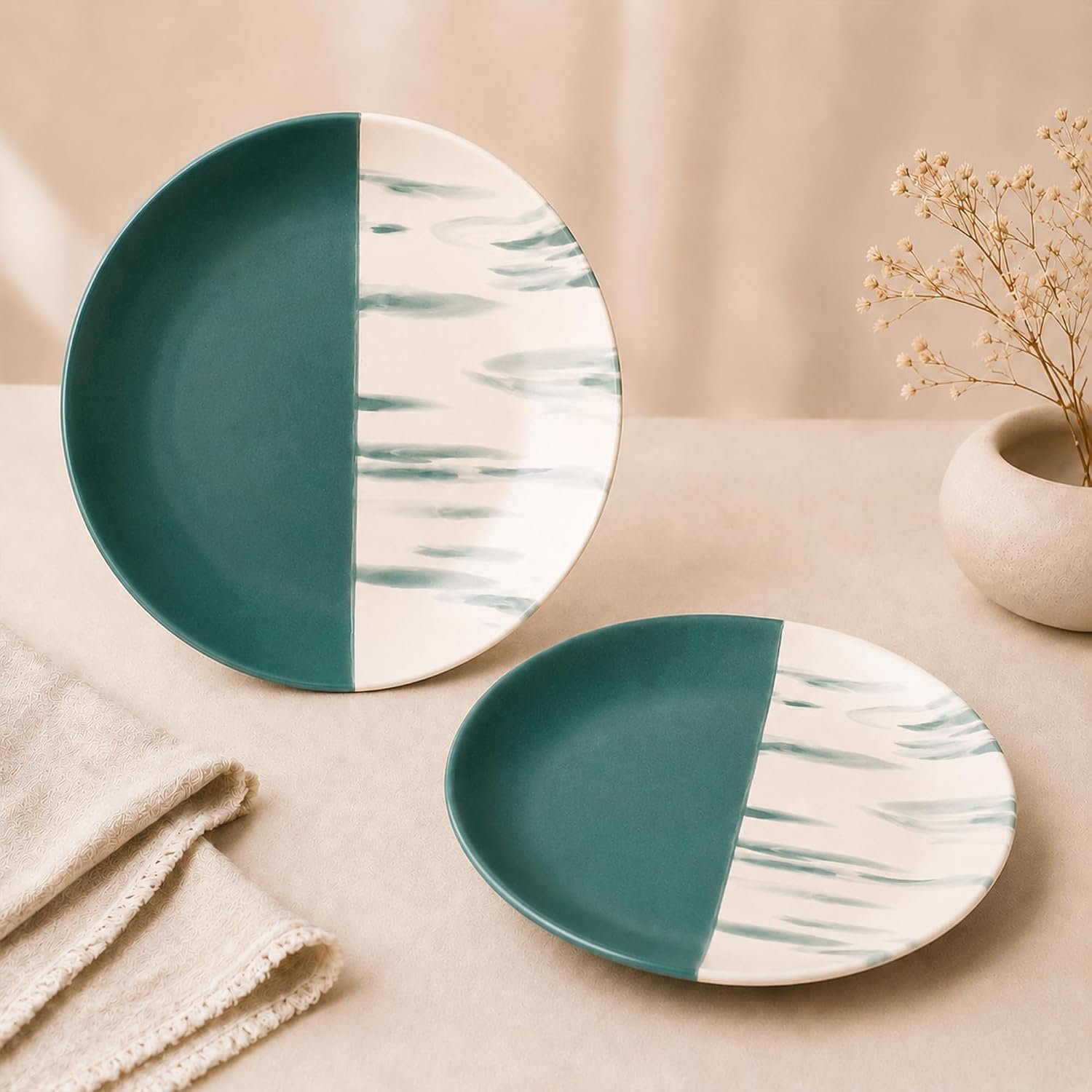 The Earth Store Dual Tone Teal Italian 7 Inch Ceramic Quarter Plates Set of 2 | Microwave & Dishwasher Safe Plate | Half Plate for Dessert, Snacks, Dinner | Snack Plates for Gifting, Daily Use