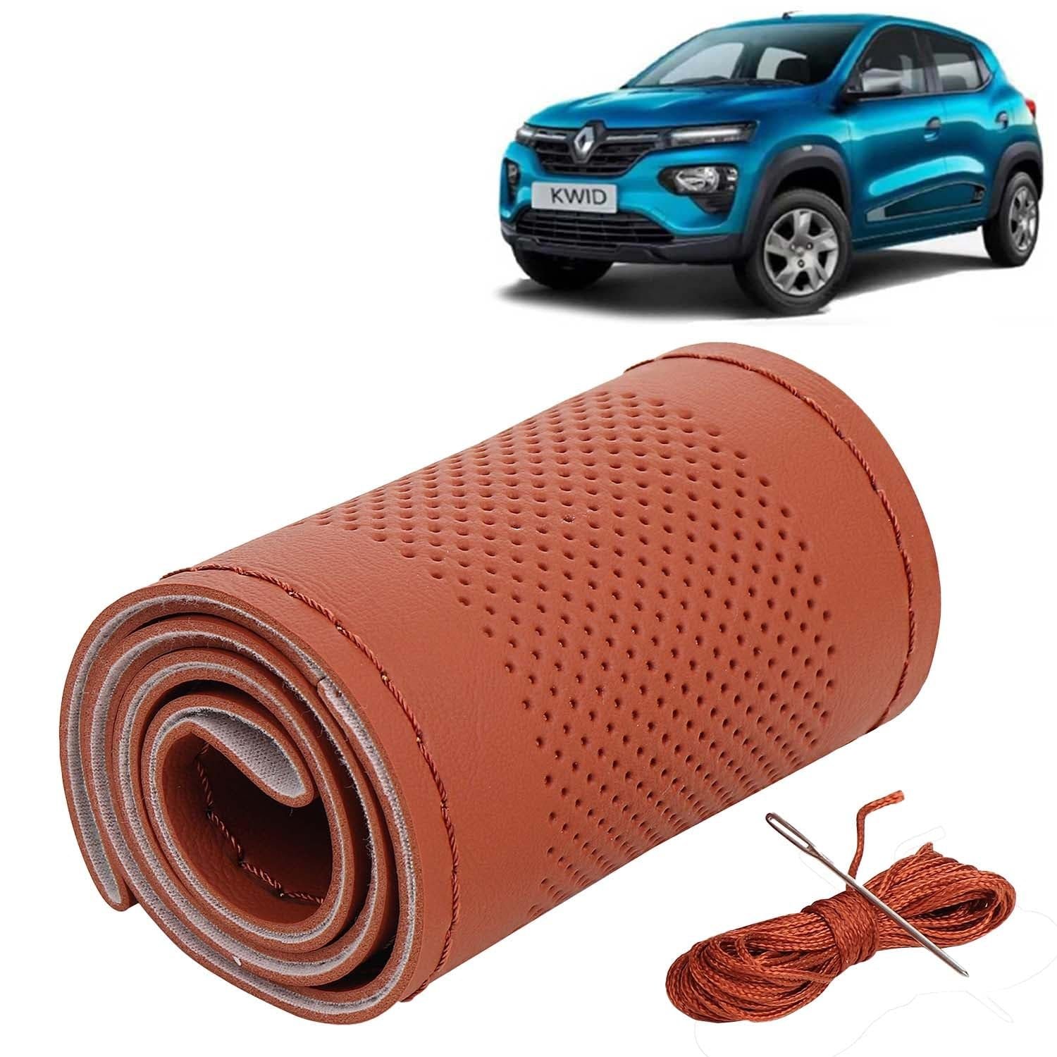KINGSWAY® Car Steering Wheel Cover Sewable Compatible with Renault Kwid (Year 2019 Onwards), Top-Notch PU Leatherite, Tan Color with Tan Thread, Pack of 1 with Sewing Needle and Thread