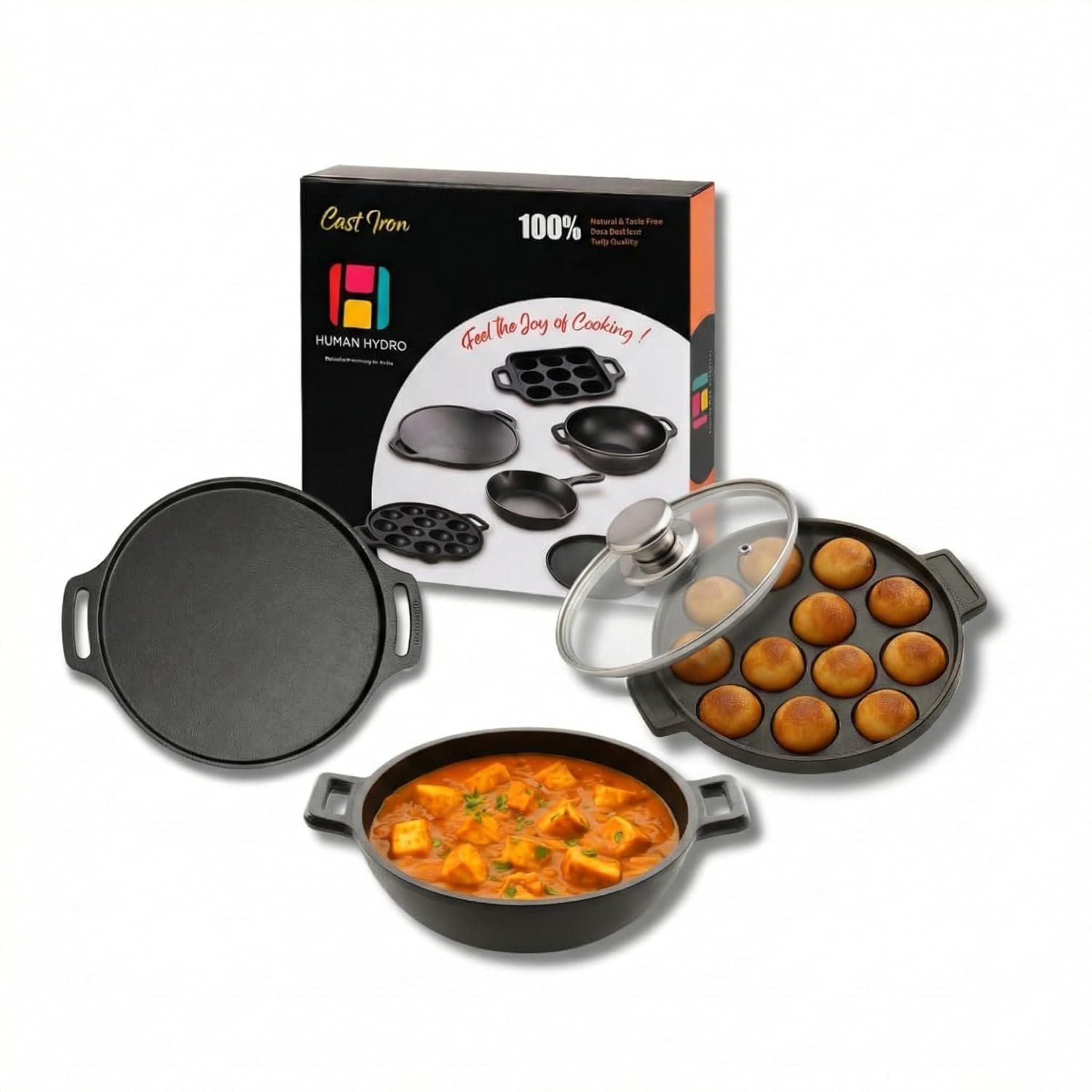 Human Hydro Cast Iron Cookware Combo | 12-Pit Paniyaram Pan with Lid, 30CM Dosa Tawa & 23CM Kadai | Pre-Seasoned, Naturally Nonstick, Induction & Gas Compatible | Heavy-Duty Traditional Cookware