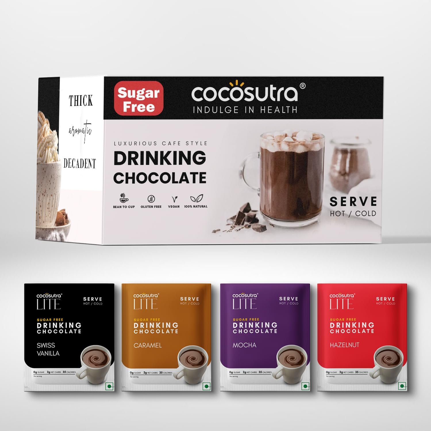 COCOSUTRA Sugar-Free Drinking Chocolate Mix | 20 Single-Serve Sachets (20g Each) | 4 Flavours x 5 Sachets Each - Swiss Vanilla, Mocha, Caramel & Hazelnut | Zero Sugar | Low Carb | Sweetened with Stevia & Erythritol | Gluten Free & Vegan | Enjoy Hot or Cold | 400g | 4 Flavours: Swiss Vanilla, Mocha,