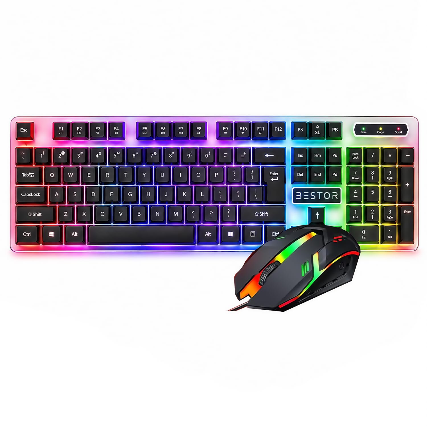 Bestor RGB Gaming Keyboard and Mouse Combo Silent Keys Multi-Color LED Backlight Lightweight Ergonomic Mouse Precision Control Plug & Play USB Wired Set for PC/Laptop