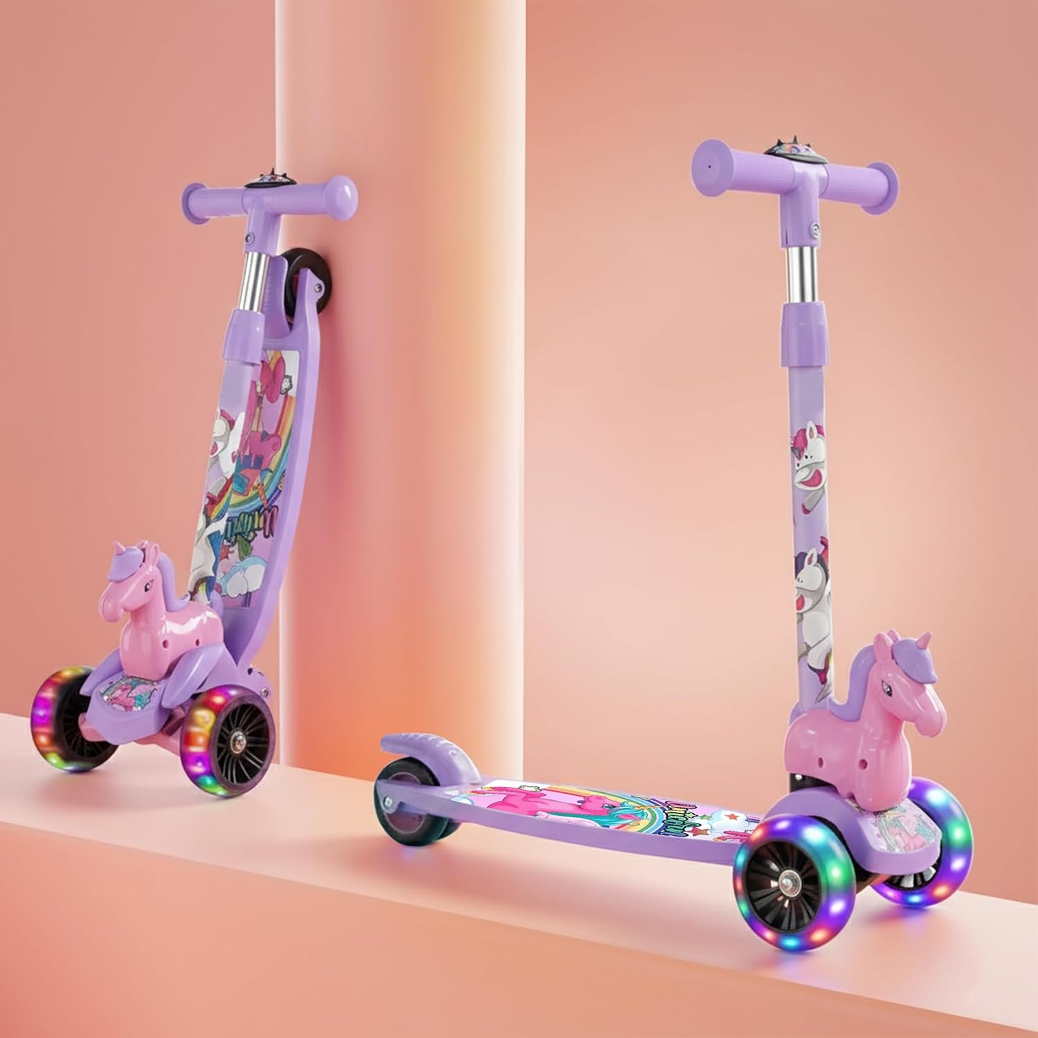Kidsmate Unicorn Kick Scooter for Kids Age 3-8 Years | 3-Level Adjustable Height & LED Flashing Wheels | Wide Non-Slip Deck & Rear Push Brake | Foldable Kids Scooters for Boys & Girls - Purple