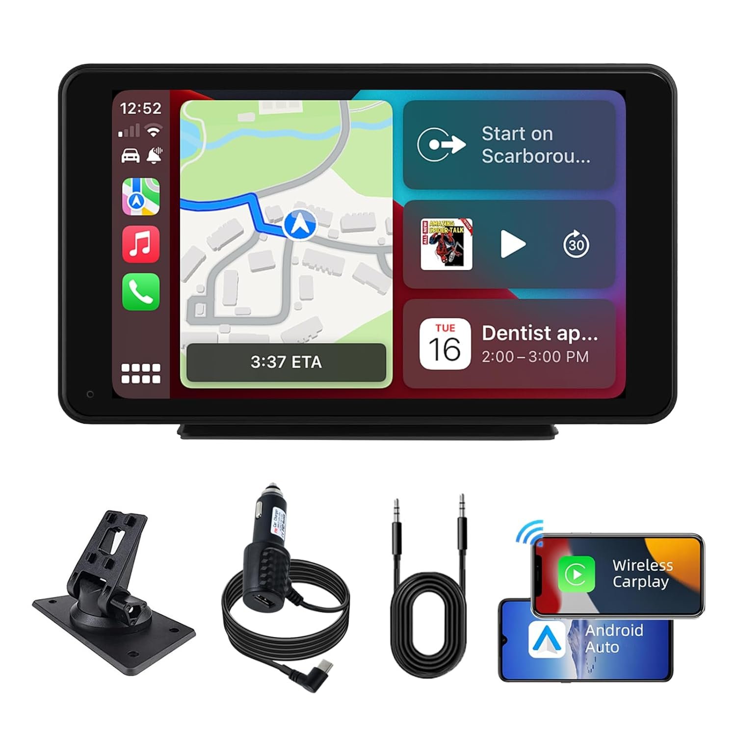 plimpton Portable Carplay Android Auto Screen for Car 7 Inch IPS Touch Screen Wireless Car Play for iOS Driveplay Multimedia Player with Voice Control, BT, Mirror Link for All Vehicle