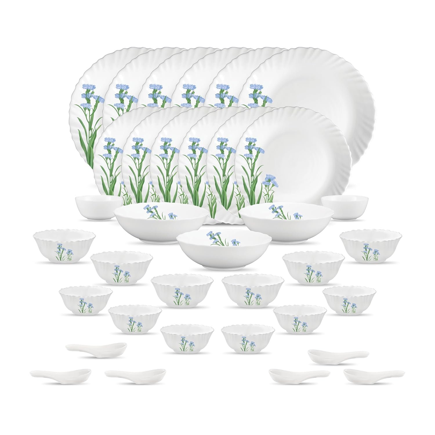 La Opala Novo Opalware Dinner Set, 35 Pcs for Family of 6, Blue Florets | Microwave & Dishwasher Safe, Bone-Ash Free, Crockery Set for Dining & Gifting, Break-Resistant, Lightweight, Made in India