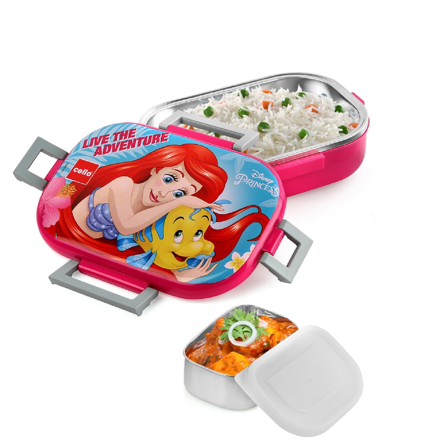 CELLO Feast Deluxe Princess Design Insulated Lunch Box, Pink | Inner Stainless Steel Mini Box | 2 Container with Locking Lid | Ideal for School & Picnic