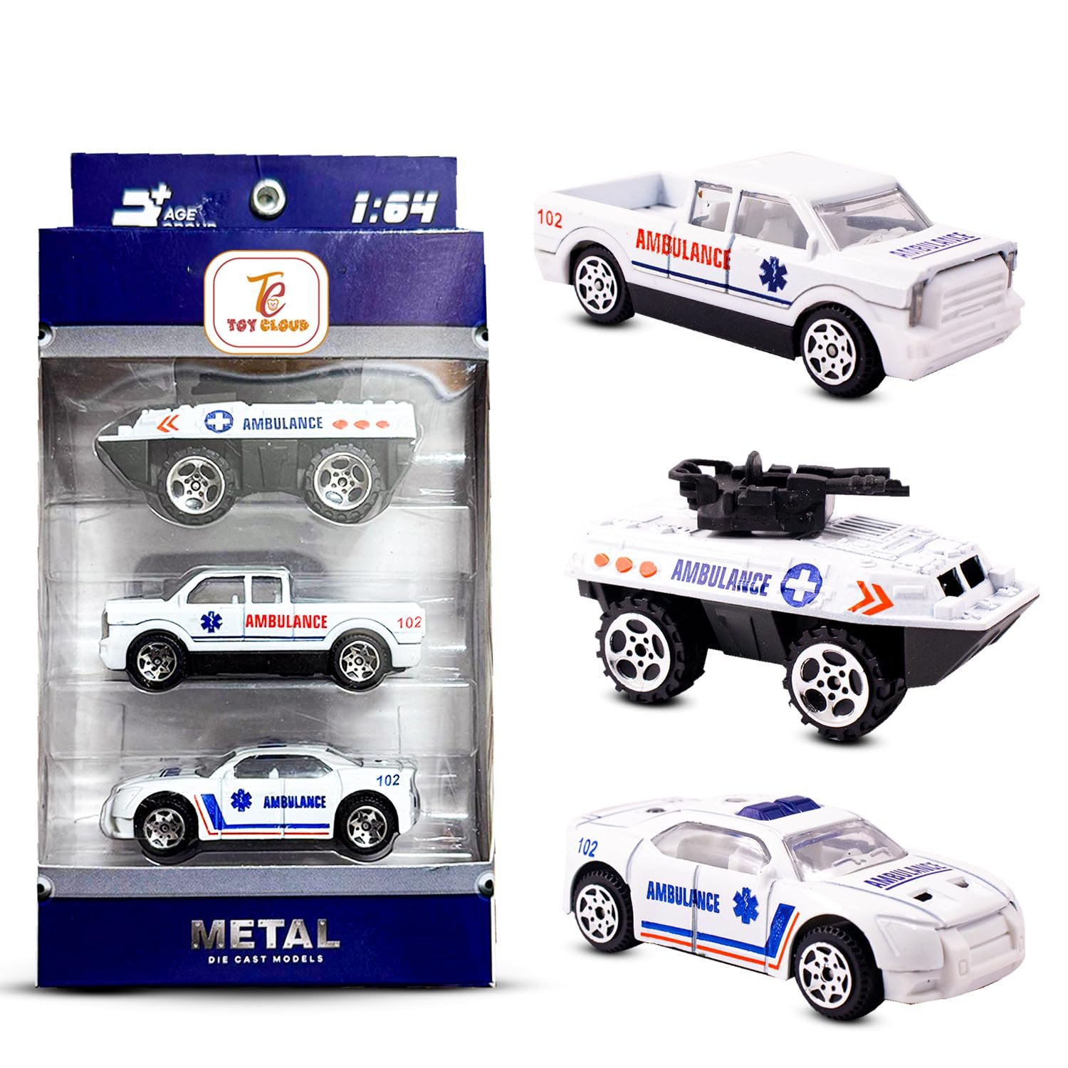 Toy Cloud Free Wheel Die-Cast Metal Ambulance Vehicle Set of 3, 1:64 Scale Model Vehicles Toys (Armored Truck, Pick-Up Truck, and Sports Car)