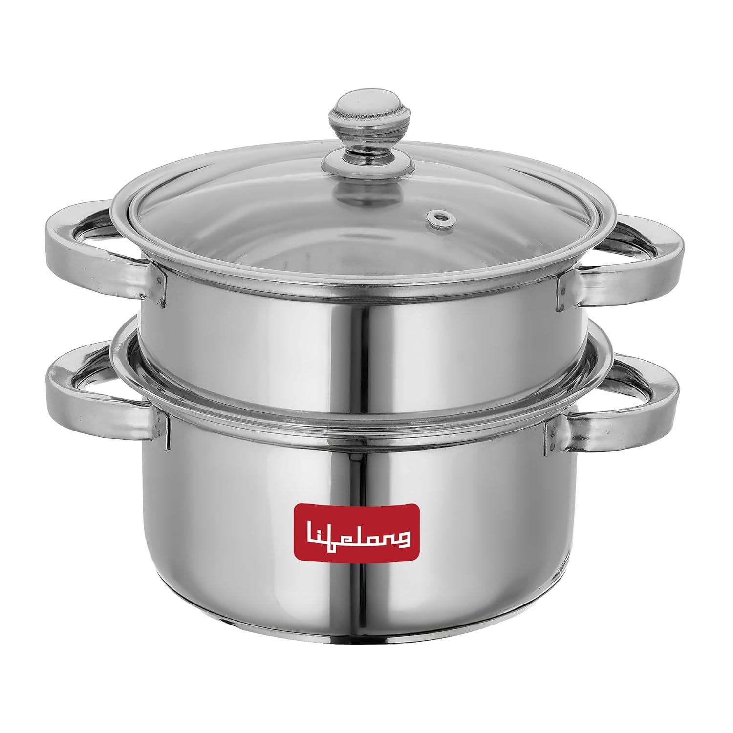 Lifelong 2-Tier Steamer/Momo/Modak Maker | Induction Compitable with Glass Lid & Riveted Handles | 20 cm Stainless Steel Multi-Purpose Cooking Steamer (LLMOM01) 2 Litre