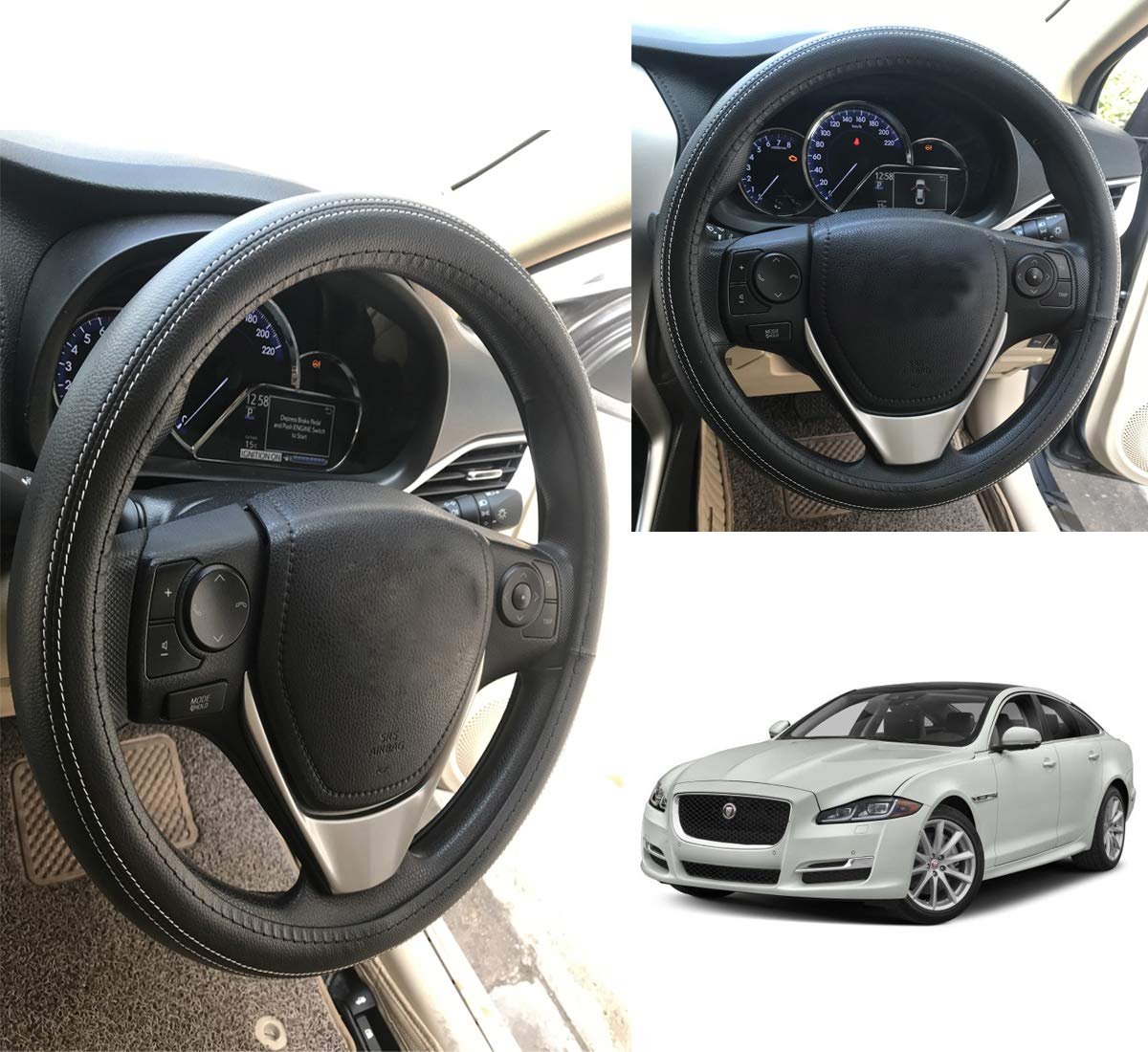Oshotto Artifical Leather SC-13 Car Steering Cover Compatible with Jaguar XJ (Black with White Thread)