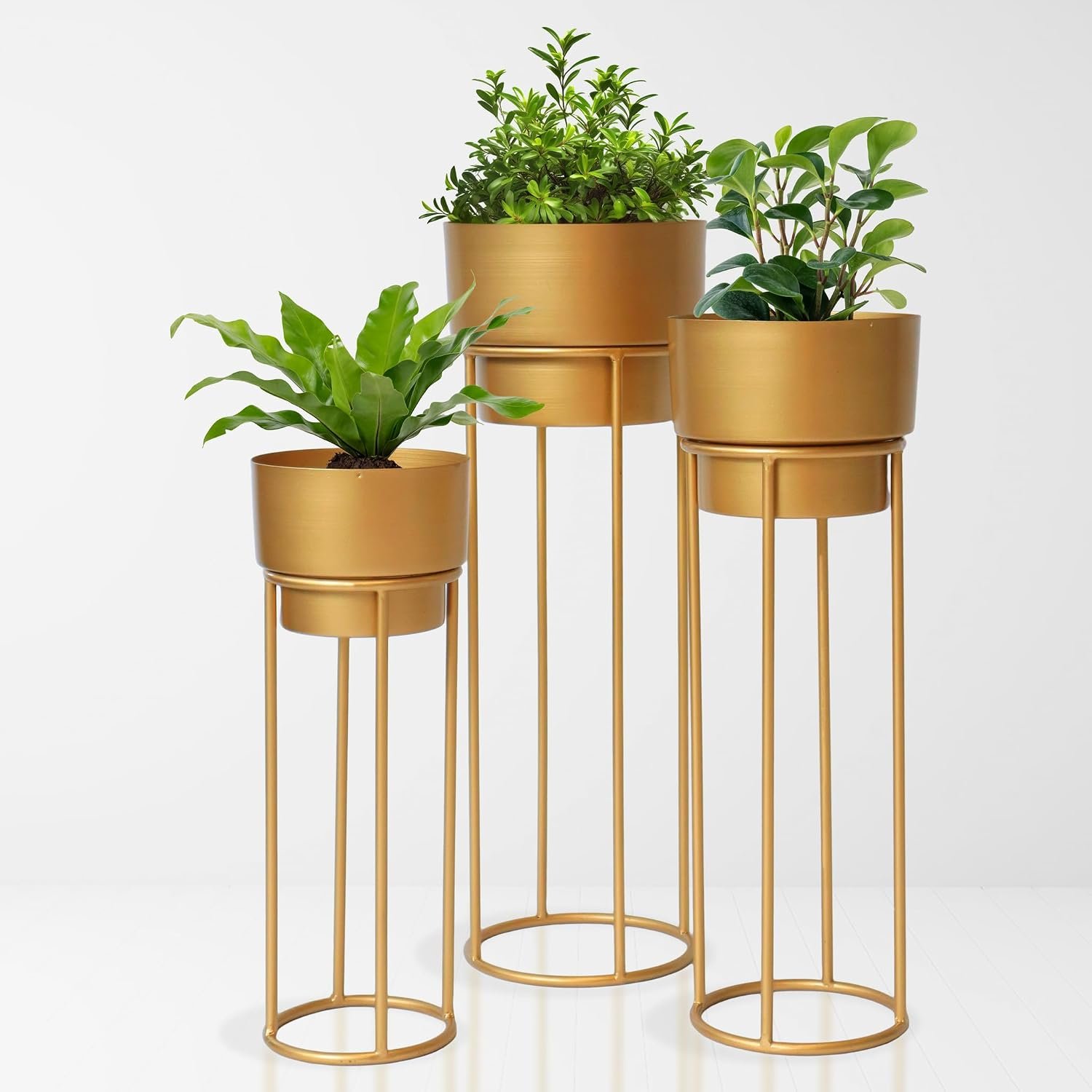 TrustBasket Metal Decorative Floor Stand - Gold Indoor Outdoor Plant Stand with Pot for Home Decor (Set of 3, Gold)