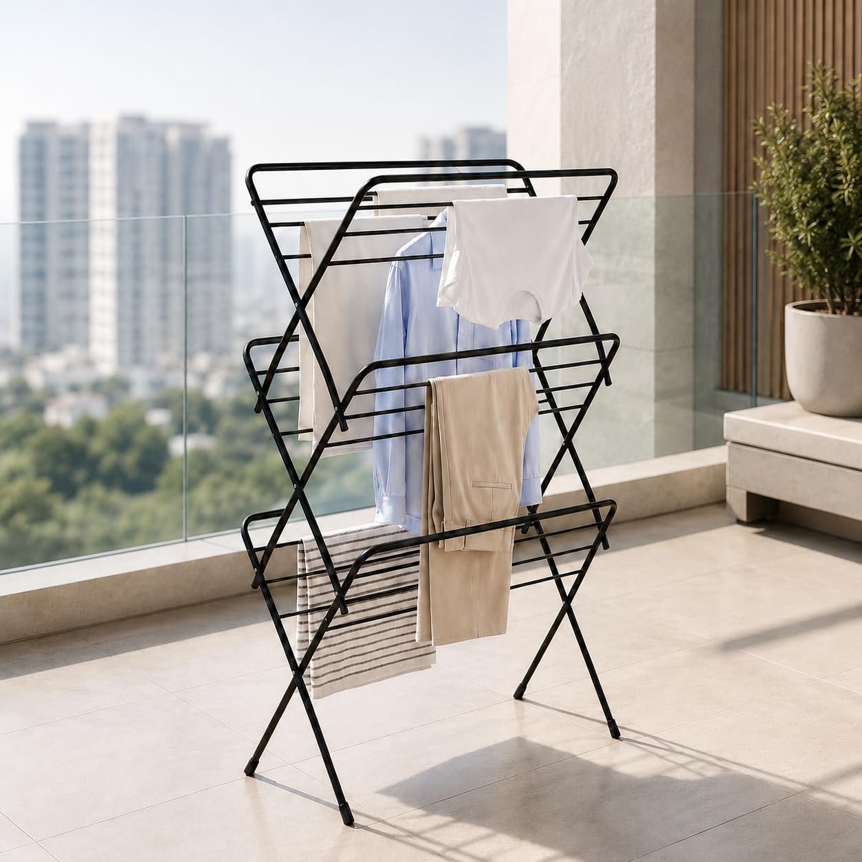 Lifelong Foldable Alloy Steel Cloth Drying Stand for Balcony|3-Tier Heavy Duty Laundry Rack for Indoor & Outdoor|Portable Standing Clothes Dryer with Anti-Slip Feet|Space Saving Steel Rack for Home