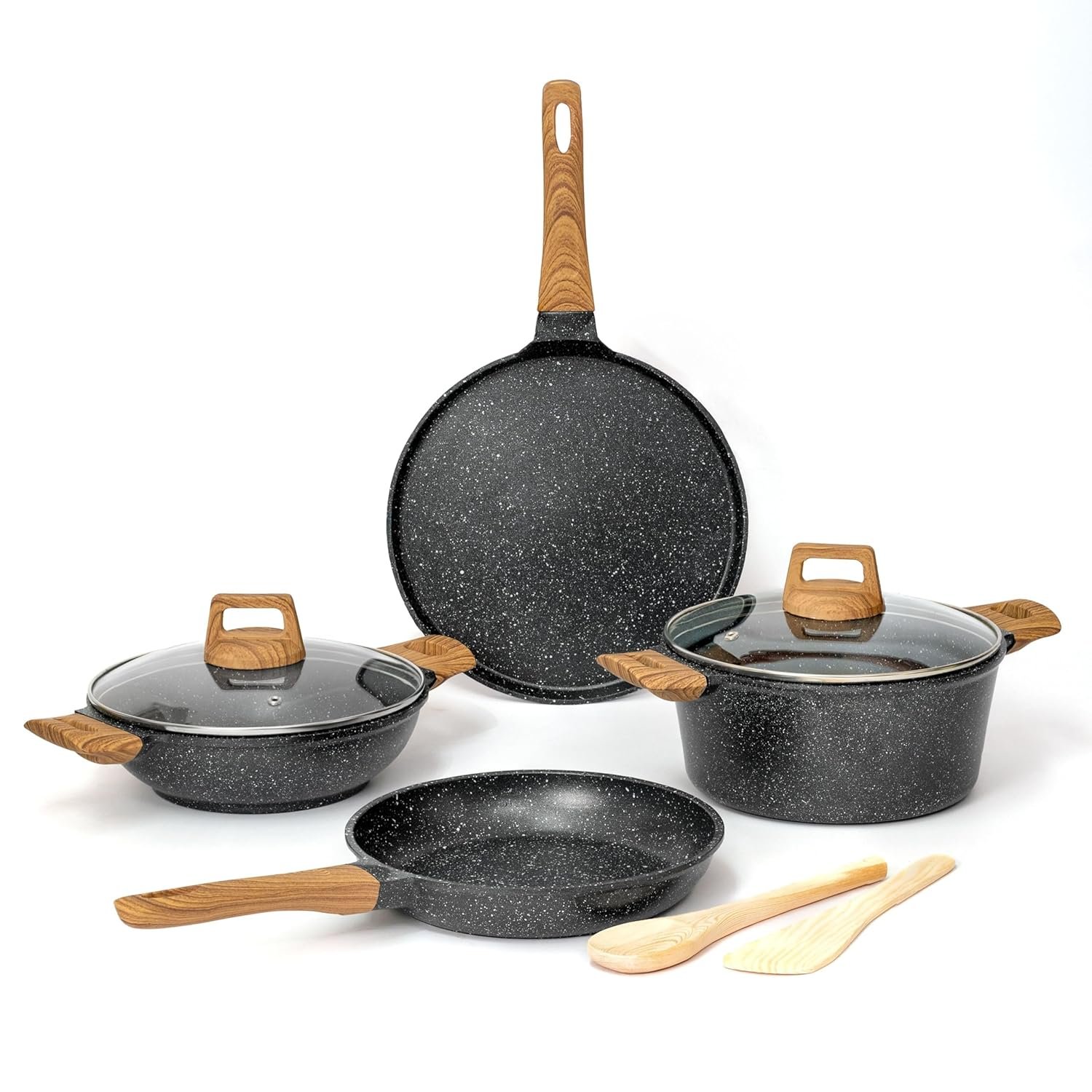 Kreme CeraStone Ultra Granite Nonstick Cookware Set 8 Pieces, Kadai 2.5L, Frying Pan 1.7L, 28cm Tawa, Glass Lid, Casserole Pot 4.4L, 2 Spoons, Made in India, Induction Compatible, PFOA Free, Black