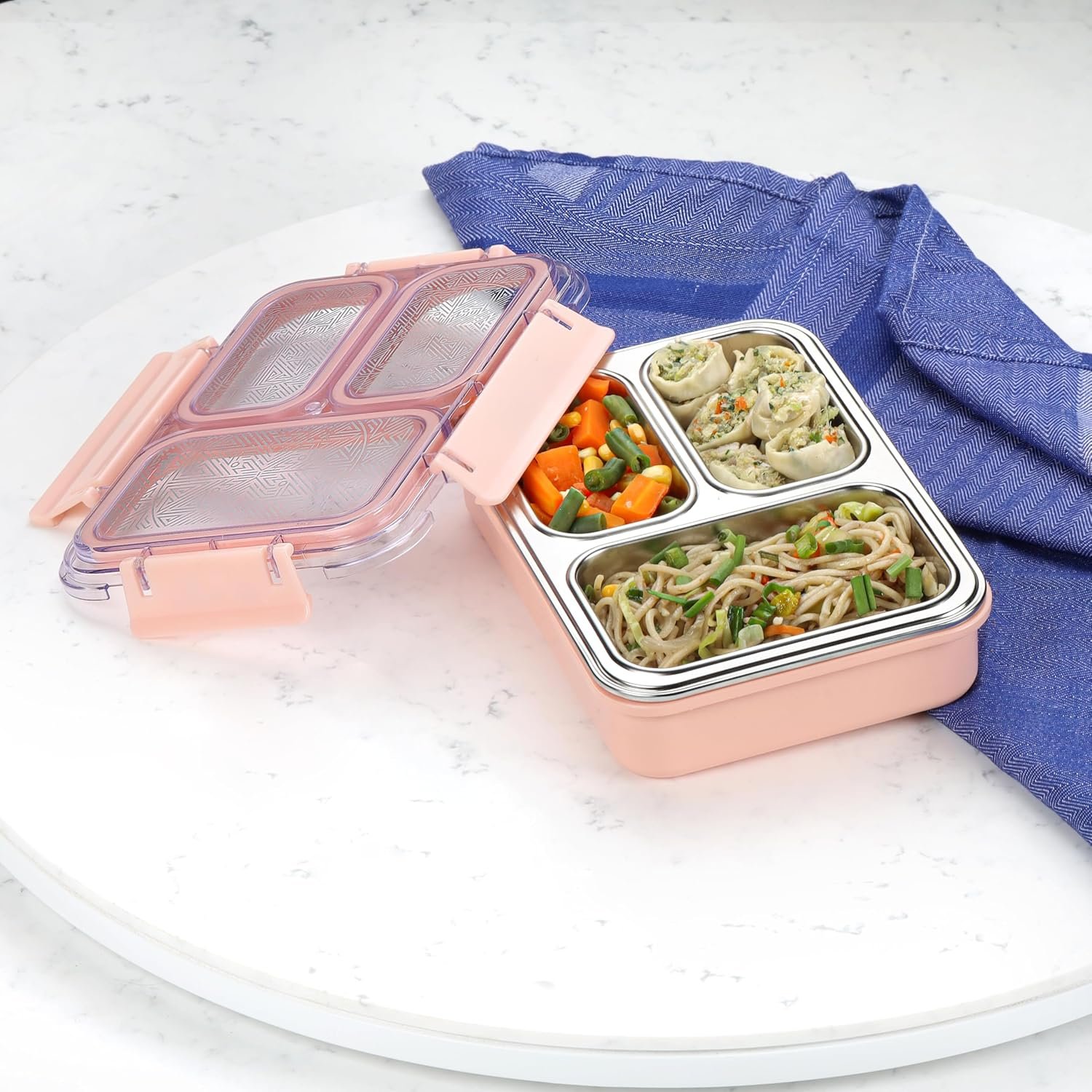 CELLO Tri Lunch Insulated Lunch Box | Inner Stainless Steel Compartment | Silicon Seal in The Lid with with 4 Sided Click Locks | Ideal for College,Office, Outdoor Activities | Peach | Set of 1