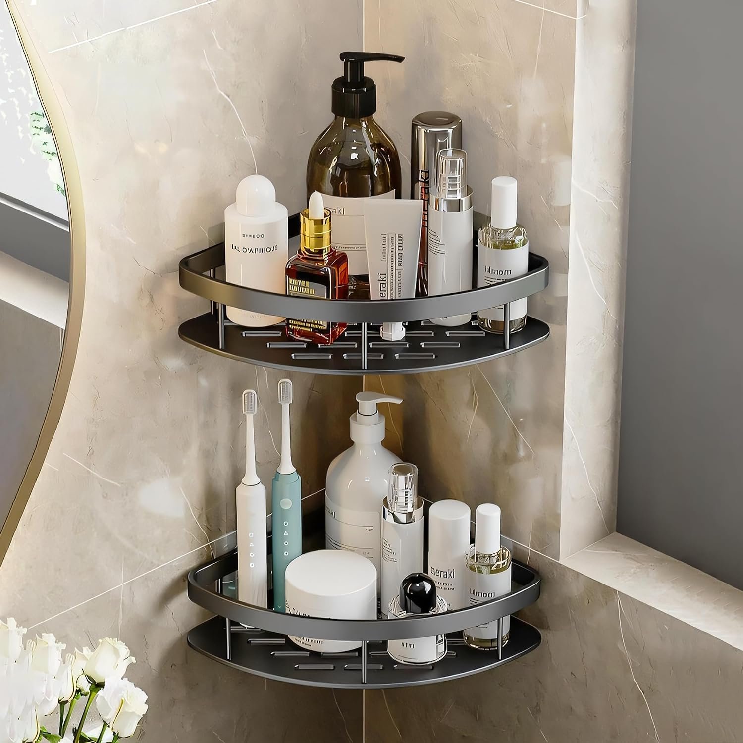 MIORAH Self Adhesive Adjustable Bathroom Organizer Corner Shelf – Rustproof Powder Coated ABS – Wall Mounted Storage No Drilling Required Black Pack of 2