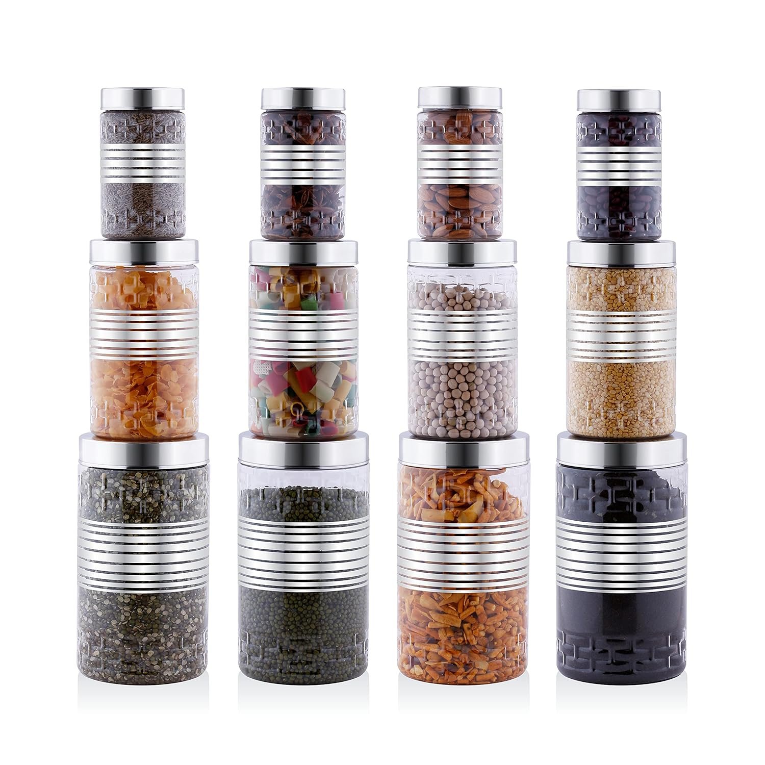 Attro Sky Gloster Celeberation 12 Pieces Pet Framed Storage Container Gift Set For Kitchen,380 Ml X 4,850 Ml X 4, 1550 Ml X 4,Silver