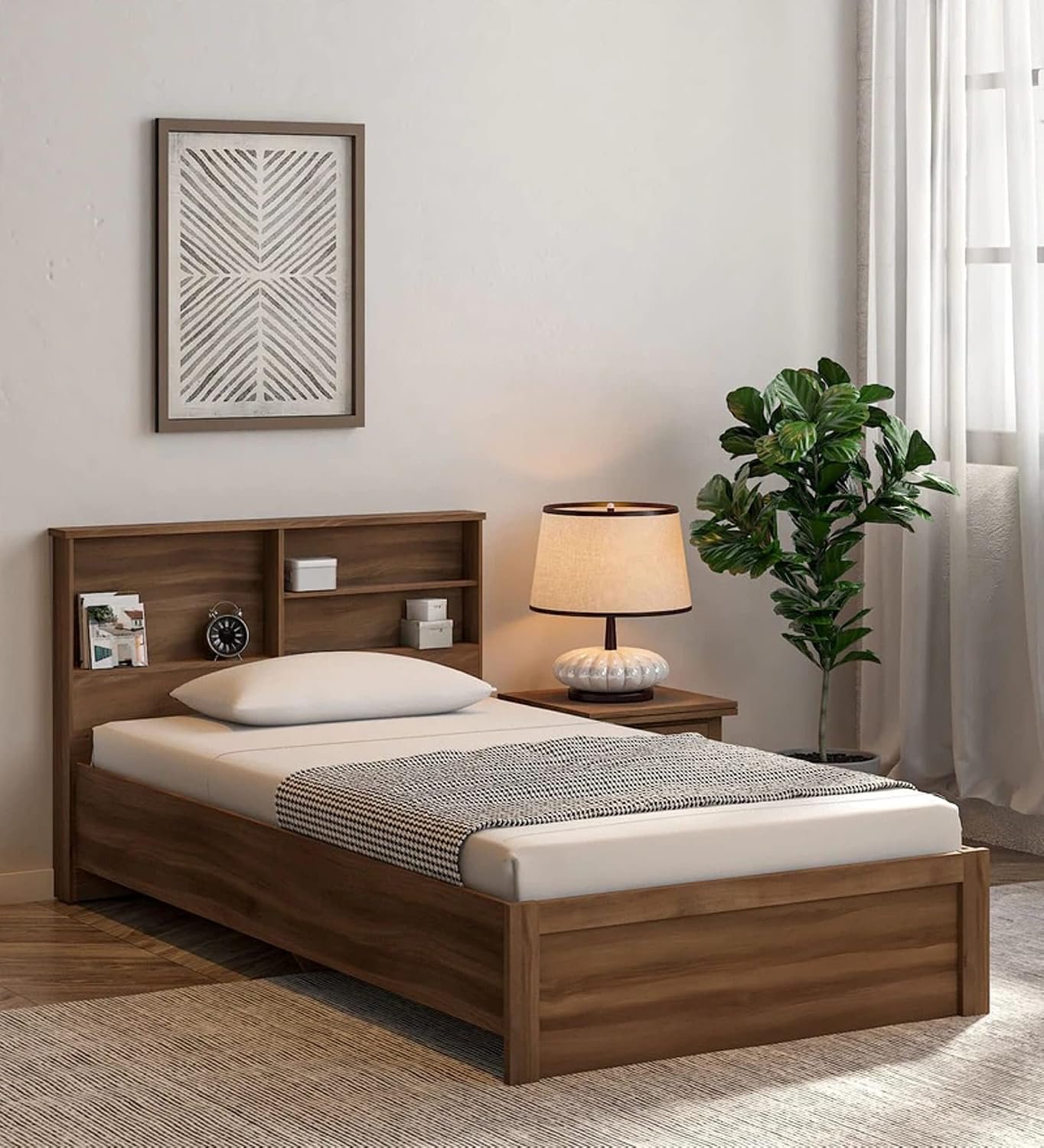 Mamta Decoration Engineered Wood Single Bed with Headboard Storage Wooden Bed for Bedroom Living Room Home (Walnut Bronze Finish)