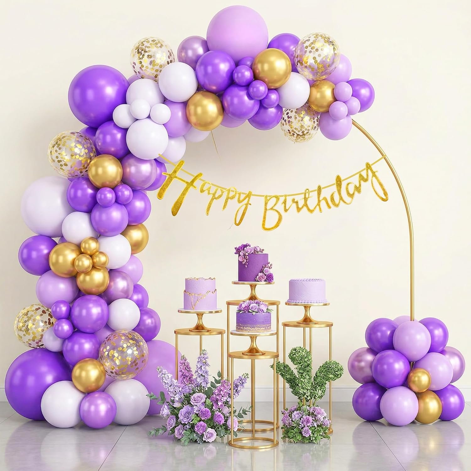 Happy Birthday Decoration Kit for Baby Boys Girls Kids Husband Wife Adults Home Bedroom Terrace Tent Year With 30 Pcs Gold Purple White Balloons 1 Pc Gold Happy Birthday Cursive Banner Items Set Combo