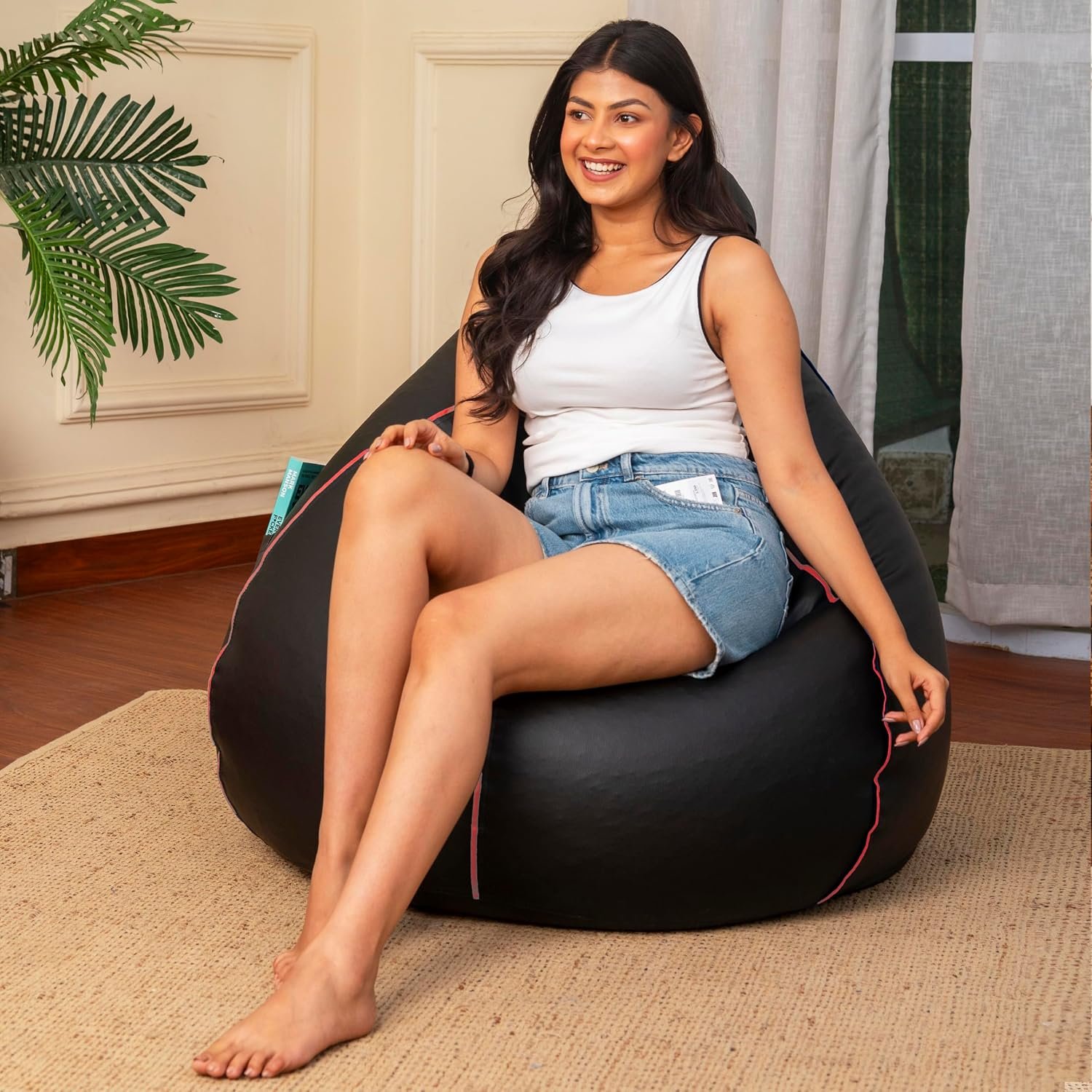 Sattva Classic Piping XXXL Bean Bag with Pocket Filled with Beans | Faux Leather Teardrop Bean Bag for Adults & Teens | Pre-Filled Comfortable Seating for Home, Living Room – Black with Pink Piping