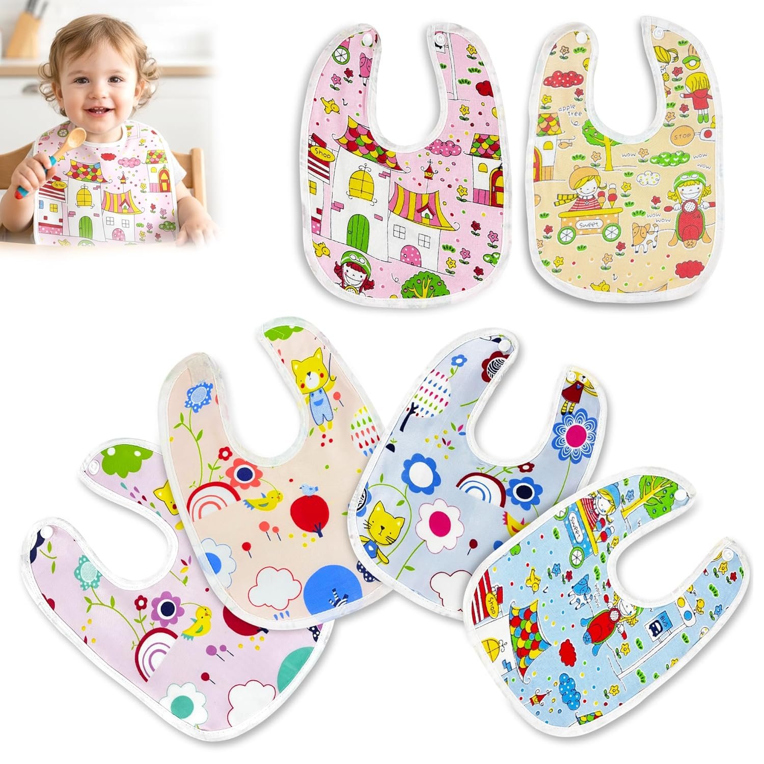 GLUN® Toddler Bibs Set for Unisex Newborn 8-36 Months old Babies, Pack of 6 Cute Print Baby Bibs, Waterproof, Adjustable, Washable Feeding Bib