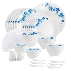 CELLO Blue Swirl Dazzle Series Opalware Dinner Set of 37 Pieces for Family of 6 | Bone-Ash Free & Leadfree Opal Glass, Microwave & Dishwasher Safe, Plates & Bowls Crockery Set for Dining & Gifting