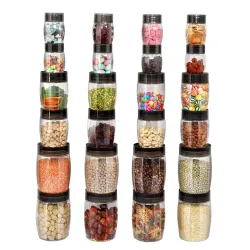 CELLO Clario Pet Storage Container for Kitchen Set of 24 Pcs Black | 8x300ml, 8x650ml, 8x1200ml Freezer & Fridge Safe Stackable Airtight Kitchen Storage Container Jar Set for Candy Beans Flour Pastry