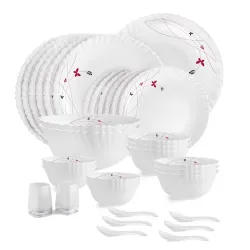CELLO Lush Fiesta Dazzle Series Opalware Dinner Set of 35 Pieces for Family of 6 | Bone-Ash Free & Leadfree Opal Glass, Microwave & Dishwasher Safe, Plates & Bowls Crockery Set for Dining & Gifting