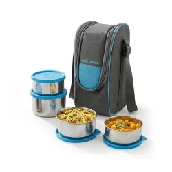 CELLO Steelox Set of 4 Pcs Lunch Box with Jacket For Office, Blue | 2 x 550ml, 375ml, 225ml Stainless Steel Containers |Food Grade Lightweight Leakproof Airtight Tiffin Box Case For Travel & Daily Use