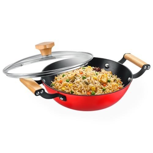 Prestige Castlite Enamel Coated Cast Iron Kadai 24cm/ 2.3L with Glass Lid | Lightweight, High Heat Retention | Gas & Induction Compatible | Low-Oil Cooking | Wooden Handles | Easy Clean |15Y Warranty