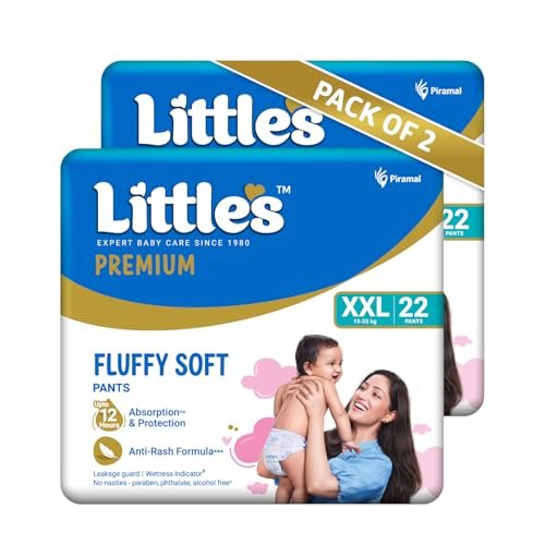Little's Premium Baby Diapers XXL Size | Pants Style | 15-25 kg | 44 Count | FluffySoft Baby Diaper with Leakage Guard, Wetness Indicator & 12 Hours Absorption | (22 Count, Pack of 2)