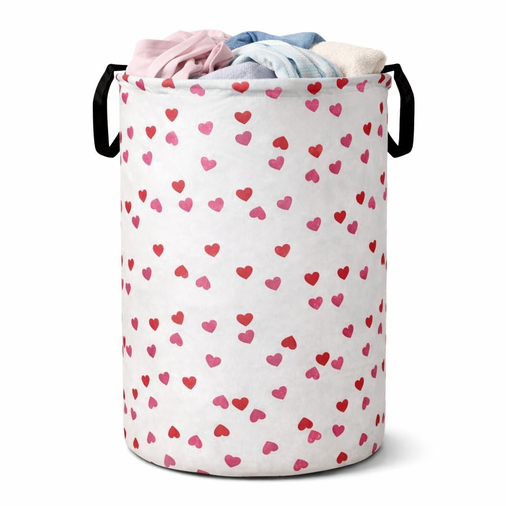 Printed Laundry Basket 48L | Foldable Storage Bag with Handles | Multipurpose Clothes Hamper for Bedroom, Bathroom & Dorm | Non-Woven Fabric (Heart Print) | Grey | Pack of 1