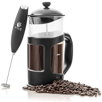 BEAN ENVY French Press Coffee Maker and Milk Frother Set with 4 level Filtration System|Glass Carafe Coffee Press & Drink Mixer Duo w/Stainless Steel Stand (Black, 1L)