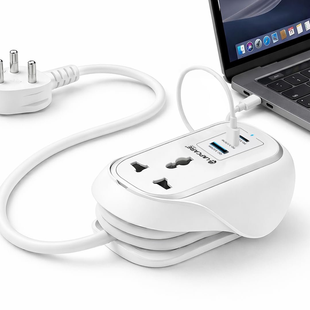LAPCARE Grip 5-in-1 Desktop Power Strip with 67W GaN Fast Charging, 2 Universal 3 Pin Socket, 2 Type-C PD Ports, 1 USB-A Port, Surge Protection, Fire-Resistant, Compact Power Hub for Home & Office
