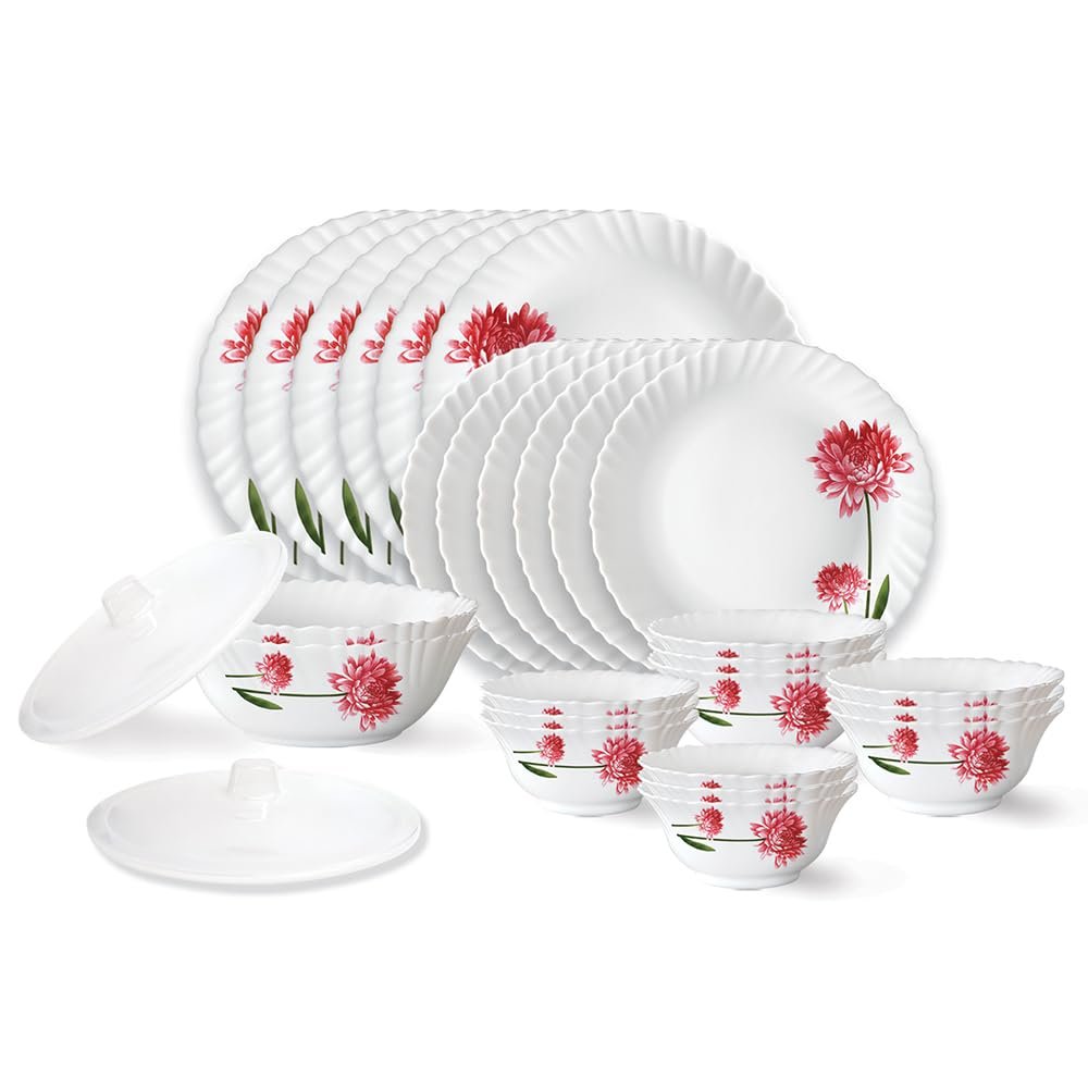 Larah by Borosil Belle Fluted Series Opalware Dinner Set | 28 Pieces for Family of 6 | Microwave & Dishwasher Safe | Bone-Ash Free | Crockery Set for Dining & Gifting | Plates & Bowls | White