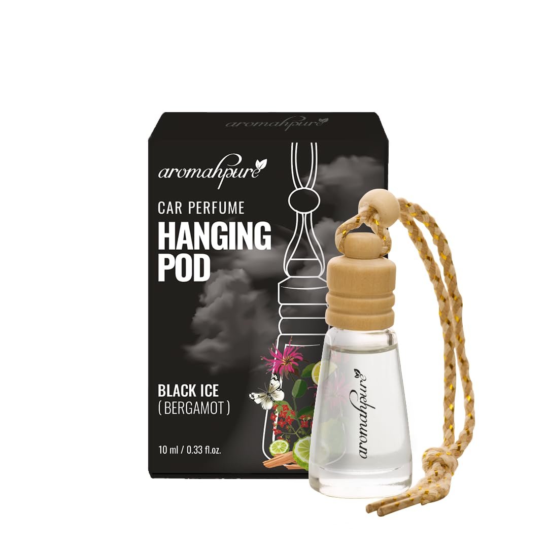 Aromahpure Premium Car Perfume Hanging Pod |10 ML | Black Ice Fragrance Car Air Freshener Natural Essential Fragrance Oils in Glass Bottle with Wooden Diffuser Lid Last Upto 30 Days, IFRA Certified