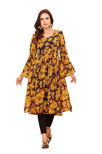 ODD BY chansi TRENDZ Women's Poly Georgette Long Sleeves V-Neck Flared Kurti