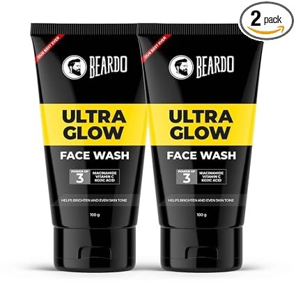 Beardo Ultraglow Face Wash for Men | Powered by 10% Complex of Niacinamide, Vitamin C & Kojic Acid | Brightens & Hydrates Skin | Reduces Pigmentation | Face Wash for Bright, Even Tone and Glowing Skin | Suitable for All Skin Types | 100g X 2