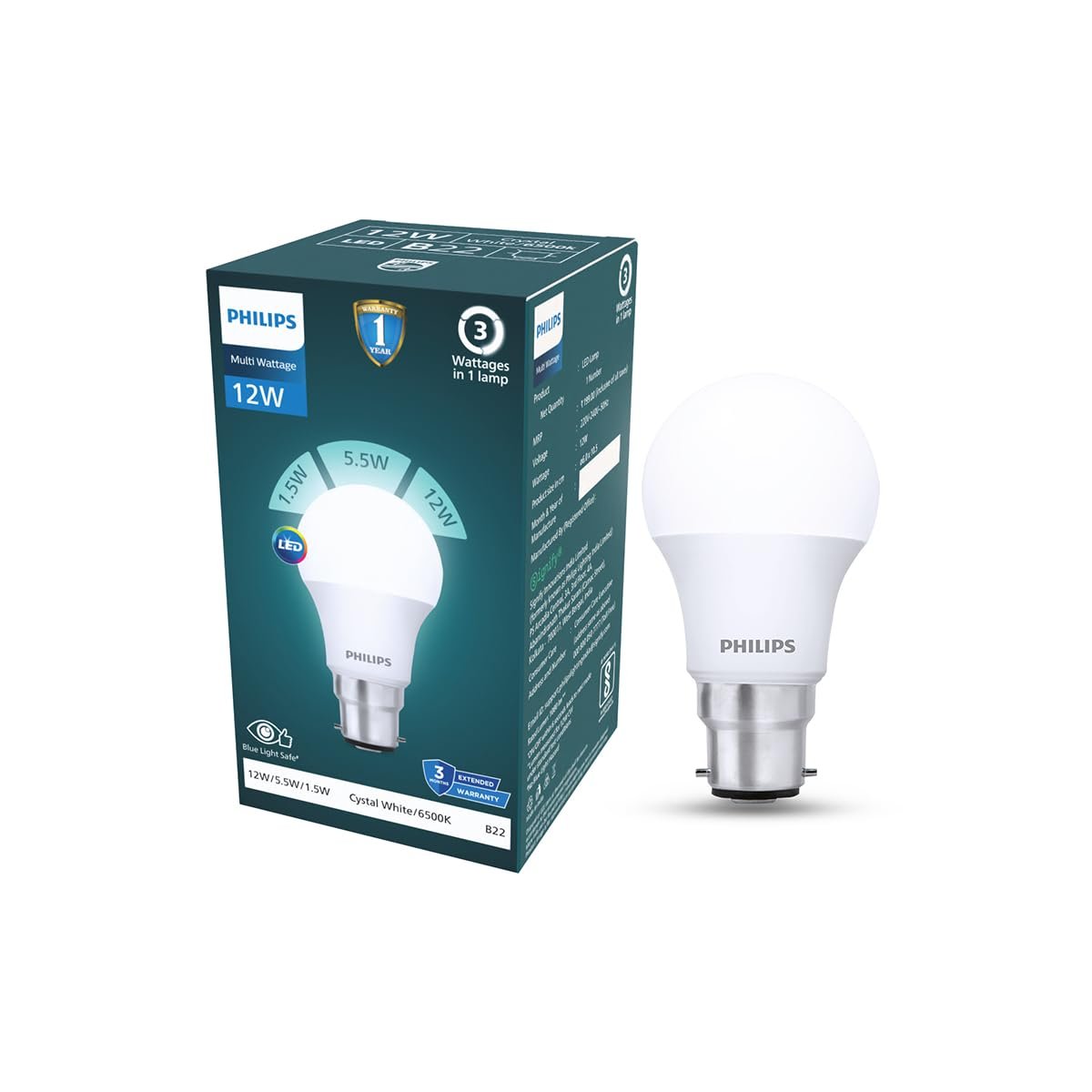 PHILIPS 12W Dimmable LED Bulb | Cool White 6500K | B22 Base | Adjustable Brightness LED Light | Energy Efficient & Versatile Lighting | Pack of 1