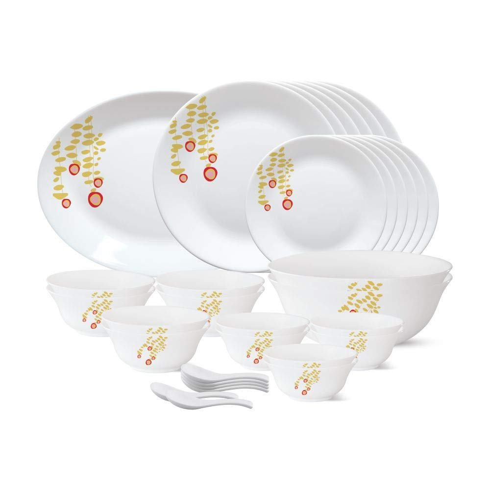 Larah by Borosil - Tiara Series, Pebbles, 33 Pcs, Opalware Dinner Set, White