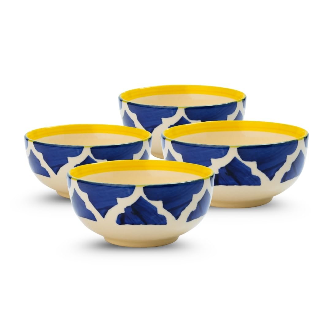 Motka Moroccan Print Blue Ceramic Bowl Set of 4, Microwave & Dishwasher Safe, Multipurpose for Serving Pasta, Maggi, Cereal, Snacks, Rice, Dal, Fruits, for Daily Use & Gifting.(200ml Each)